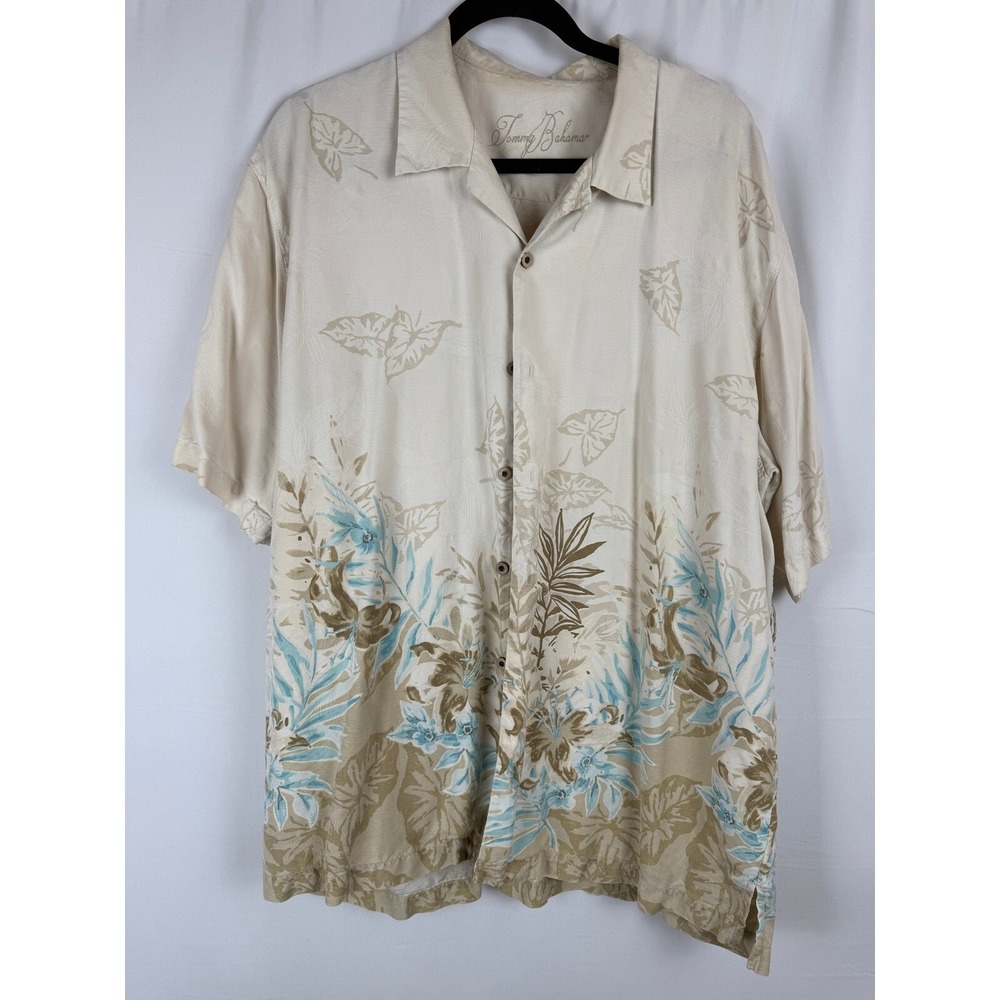 Tommy Bahama Vintage Silk Button Up Shirt Tropical‎ Floral Print Cream XL